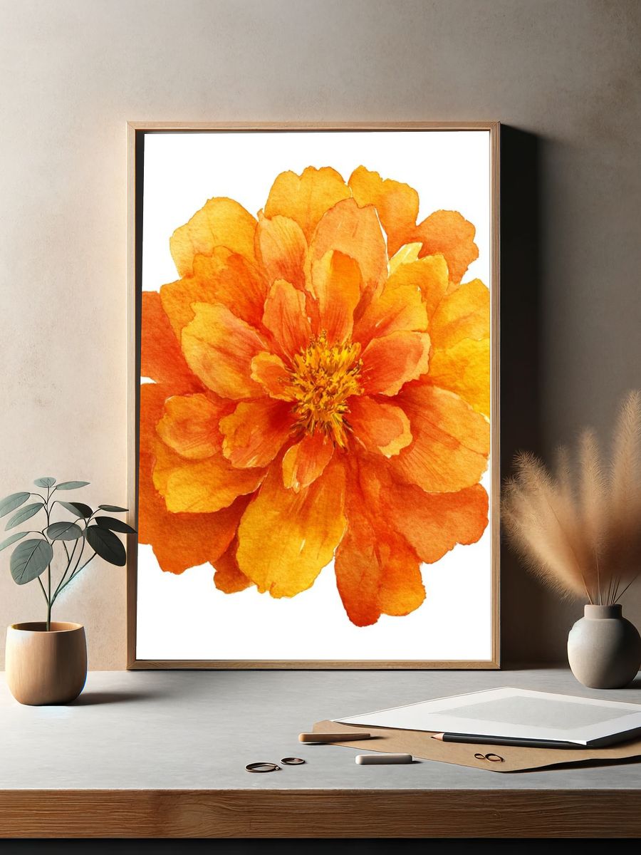 Vibrant Orange Flower — Watercolor Print. — room view 2