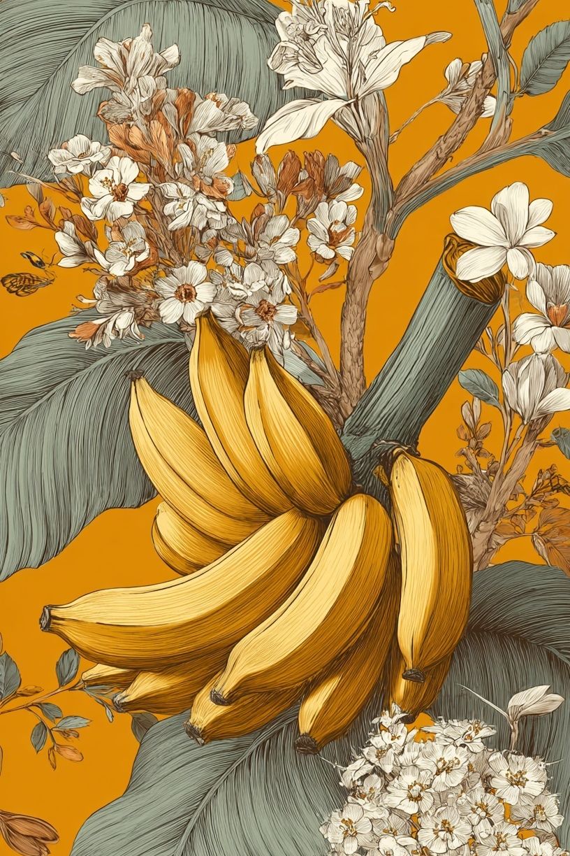 Banana and Floral Illustration Poster. poster detail