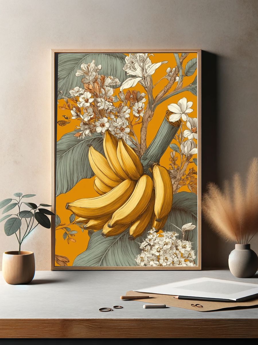 Banana and Floral Illustration Poster. — room view 2