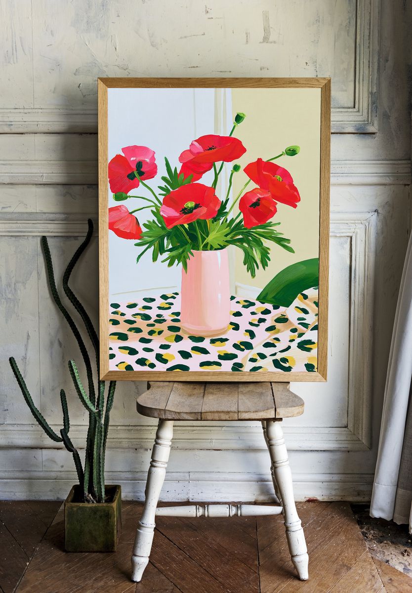 Red Poppy Bouquet Illustration Poster. room preview