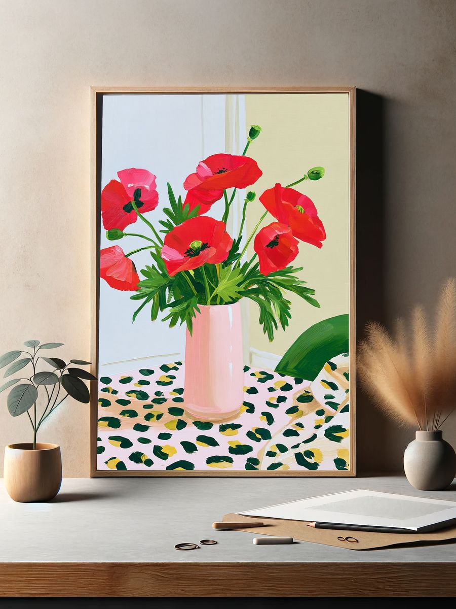 Red Poppy Bouquet Illustration Poster. — room view 2