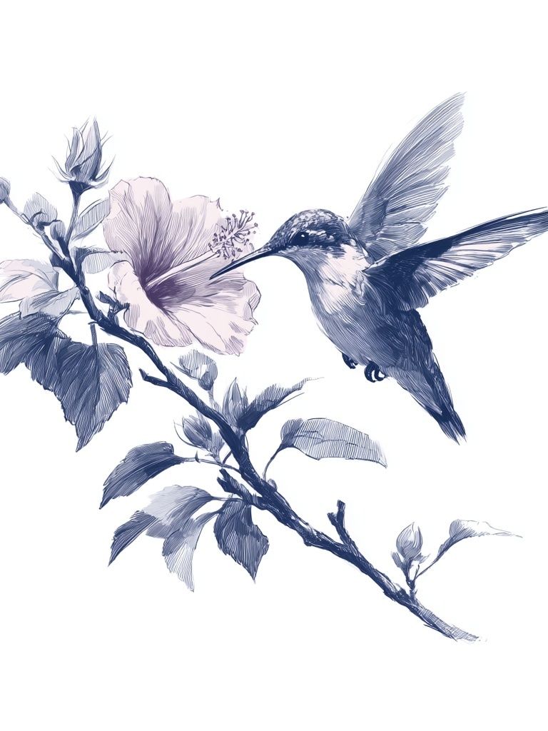 Hummingbird and Hibiscus Ink Print. poster detail