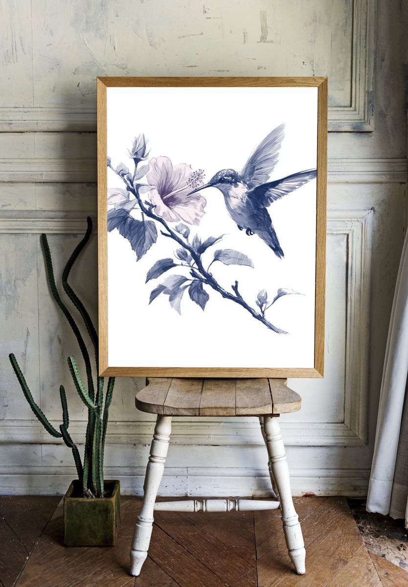 Hummingbird and Hibiscus Ink Print room preview