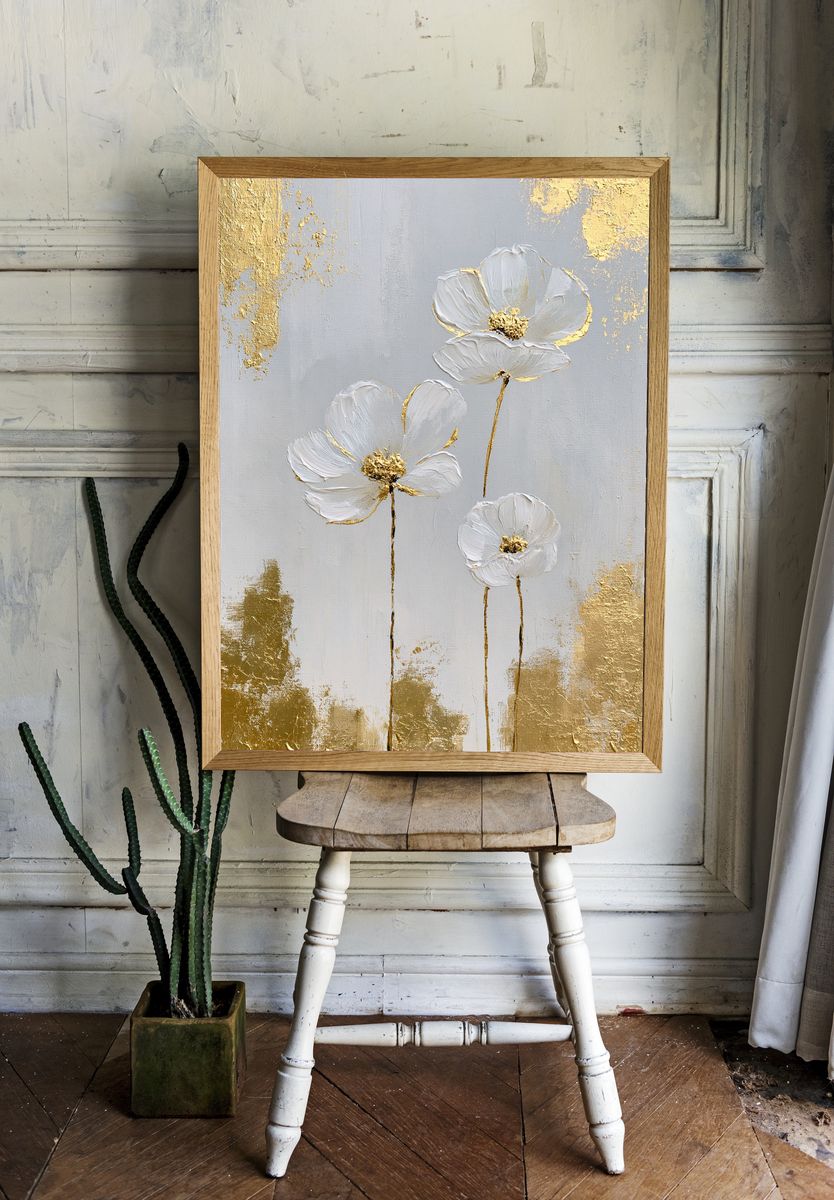 White Floral Gold Leaf Poster. room preview