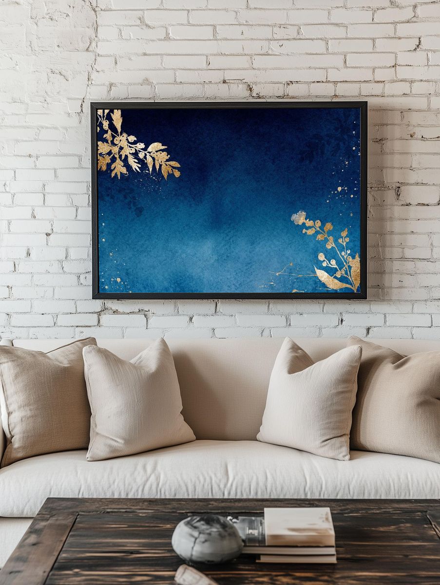 Gold Floral on Blue Background Poster room preview