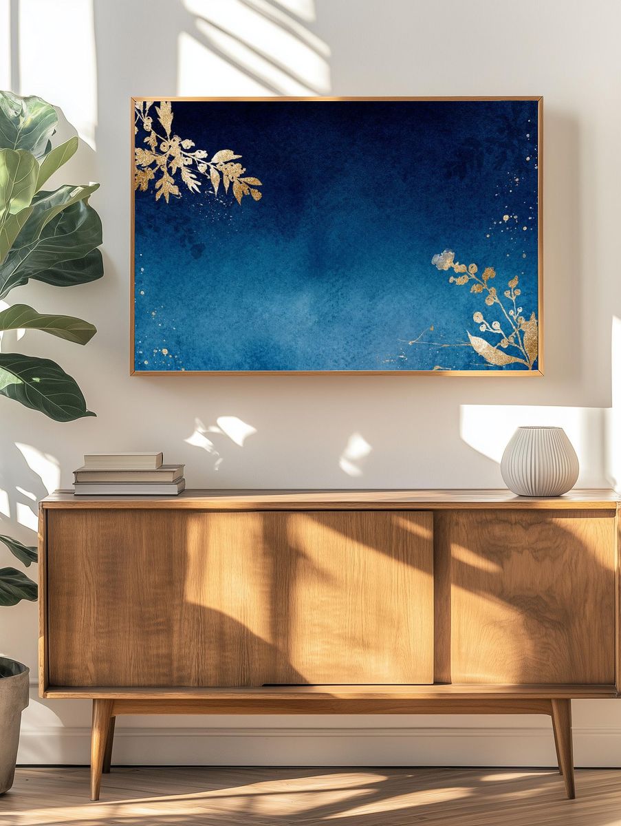 Gold Floral on Blue Background Poster. — room view 3