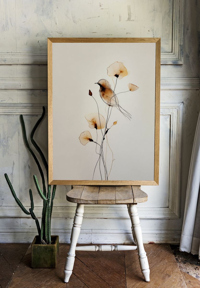 Bird and Flowers — Watercolor Print. — room view 1