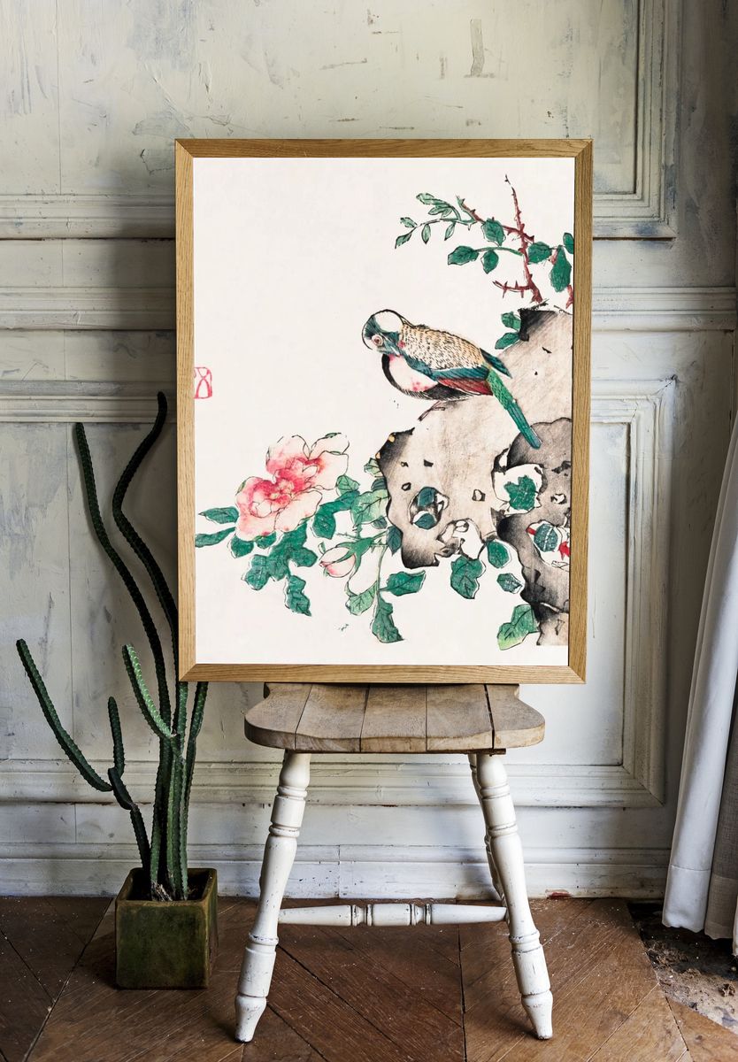 Colorful Bird and Flower — Illustration Print. room preview