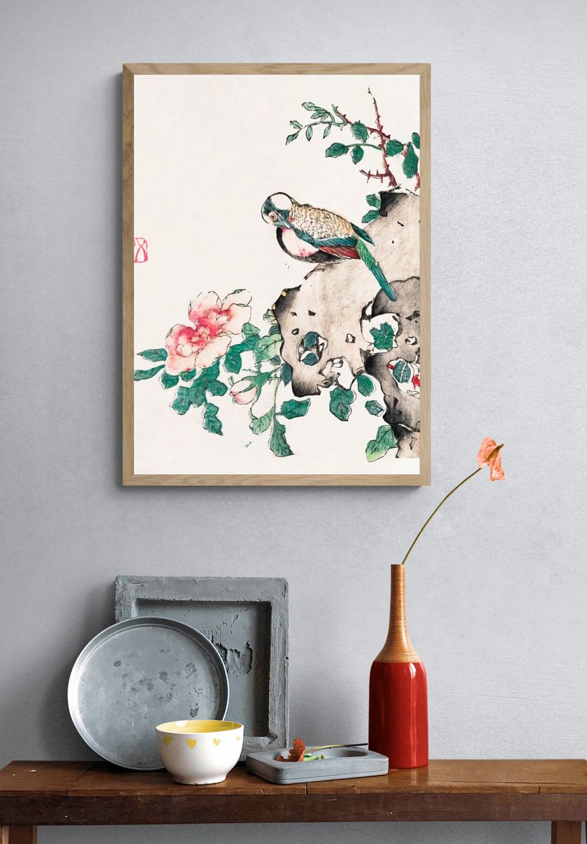 Colorful Bird and Flower — Illustration Print. — room view 3