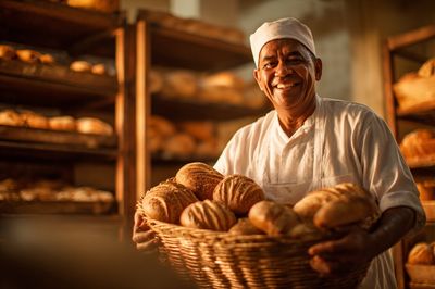 Baker with Fresh Bread — Culinary Photography Print. poster