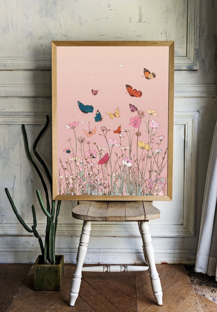 Butterflies and Flowers — Illustration Print room preview