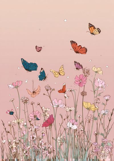 Butterflies and Flowers — Illustration Print. poster print