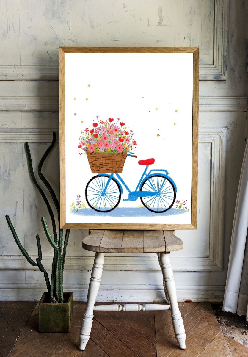 Bicycle with Flowers — Illustration Print. room preview
