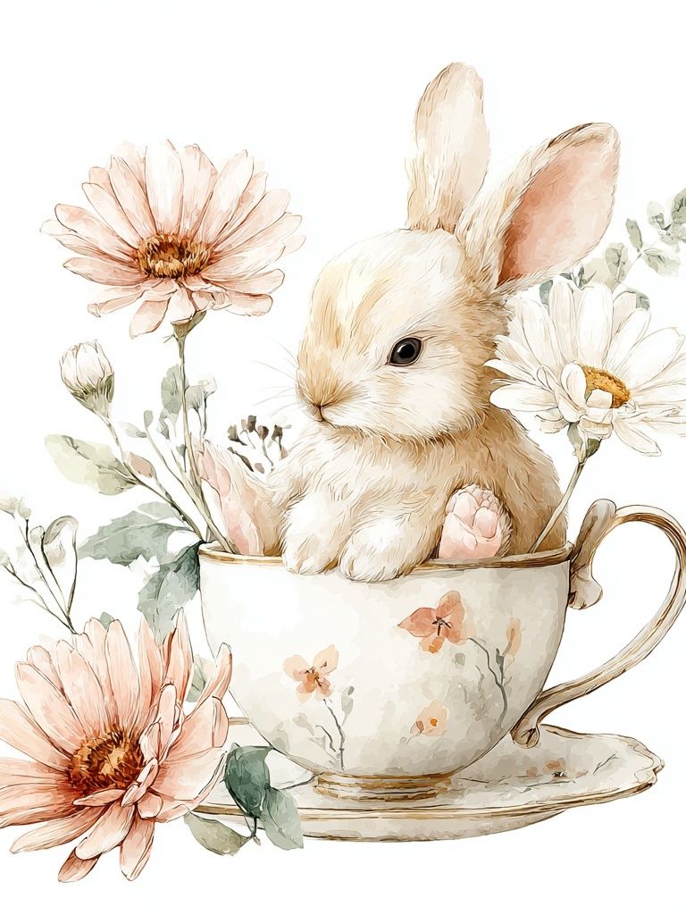Bunny in Floral Teacup — Watercolor Print. poster — illustration art