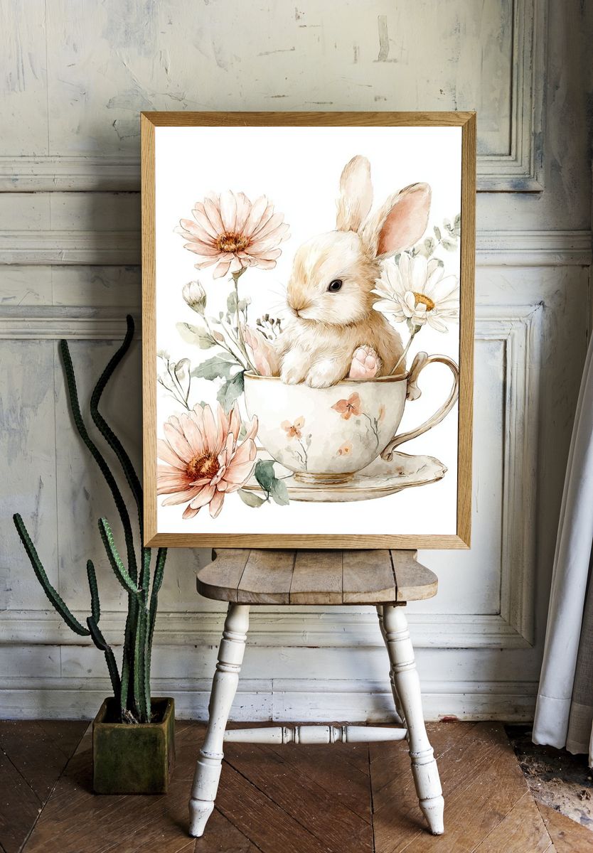 Bunny in Floral Teacup — Watercolor Print room preview