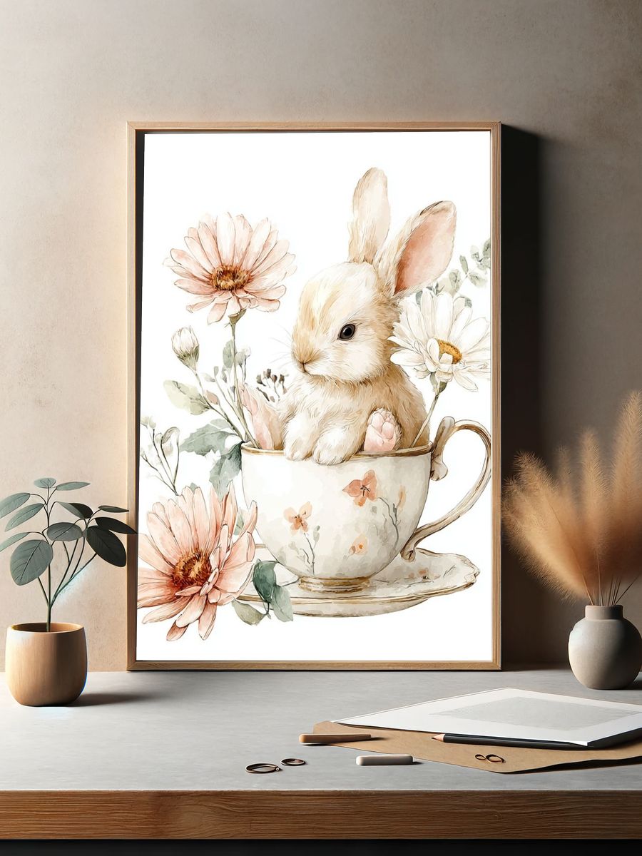 Bunny in Floral Teacup — Watercolor Print. — room view 2
