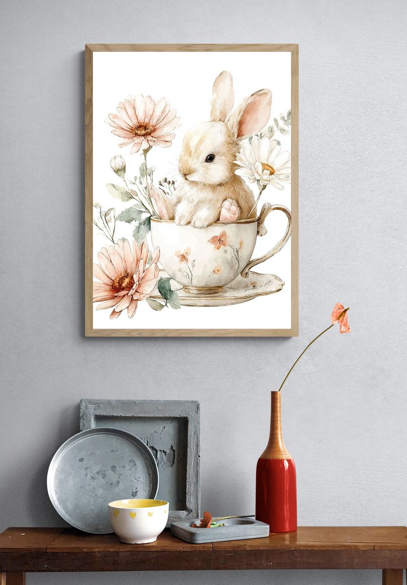Bunny in Floral Teacup — Watercolor Print. — room view 3