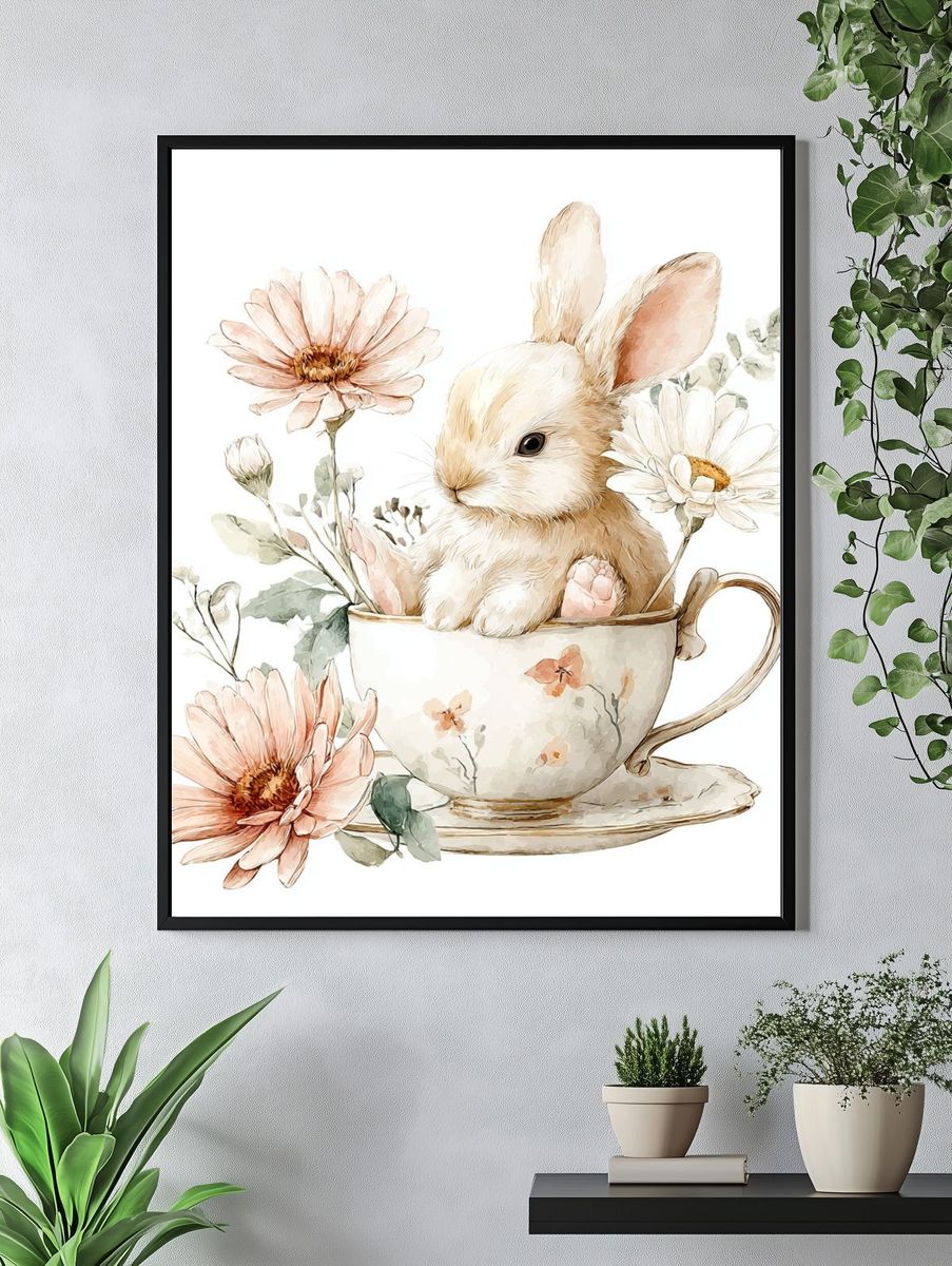 Bunny in Floral Teacup — Watercolor Print. — room view 4