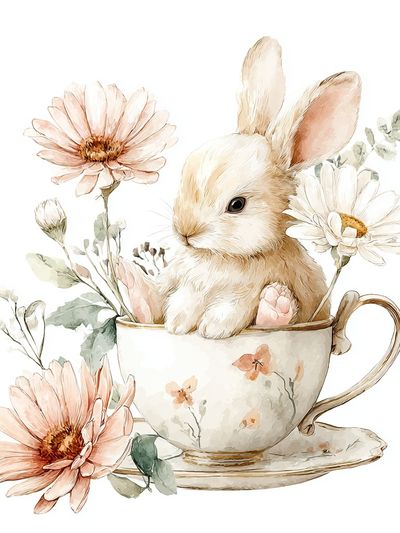 Bunny in Floral Teacup — Watercolor Print. poster print