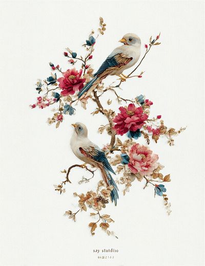 Birds and Flowers — Watercolor Print. poster print