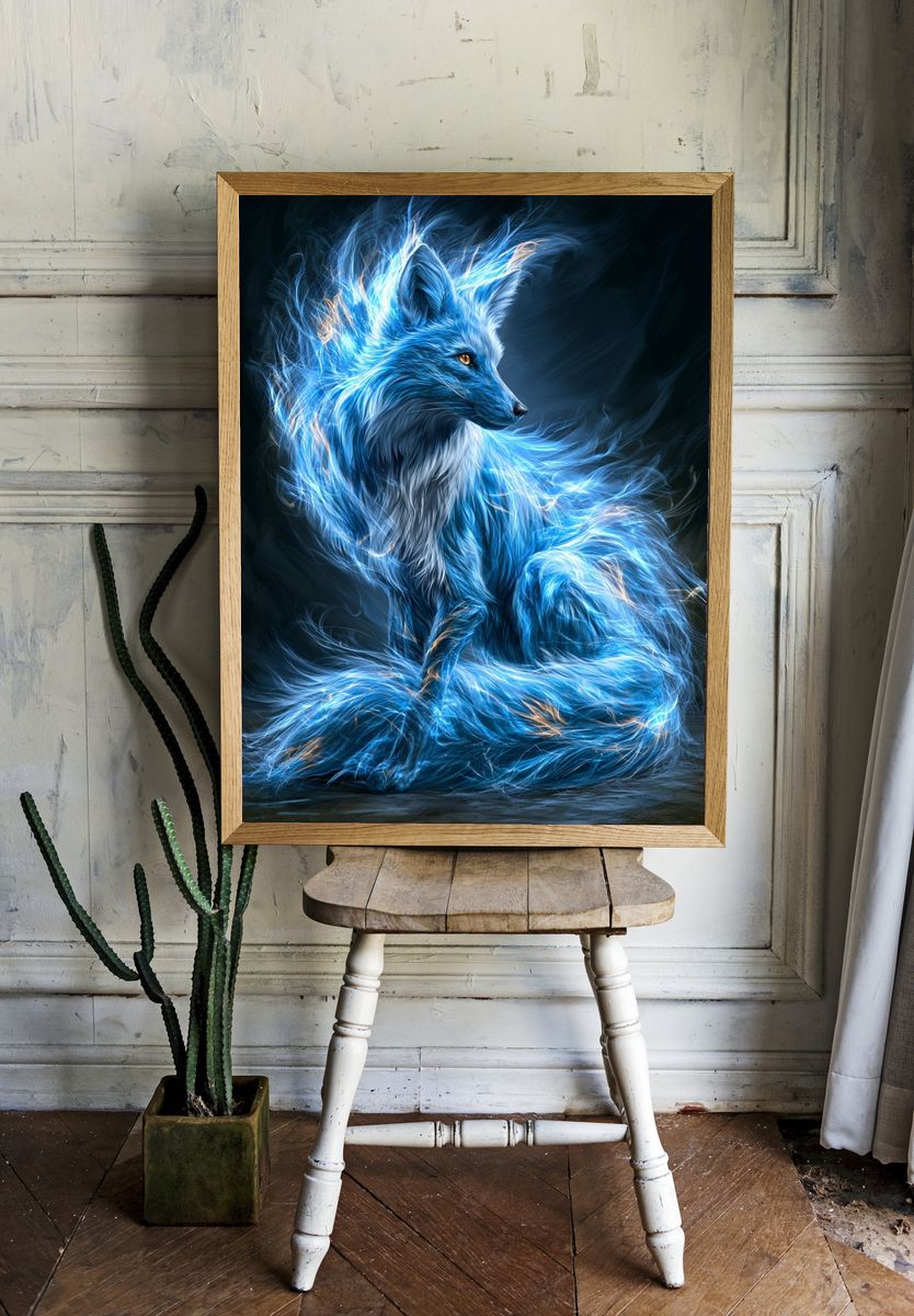 Blue Fox Spirit Illustration Poster. — room view 1