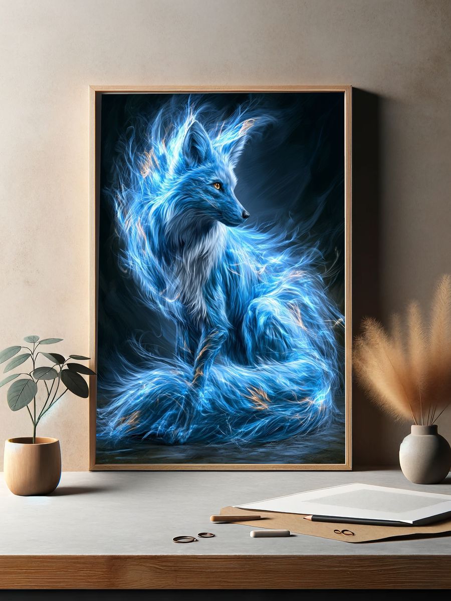 Blue Fox Spirit Illustration Poster. — room view 2