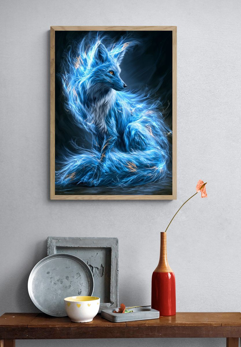 Blue Fox Spirit Illustration Poster. — room view 3