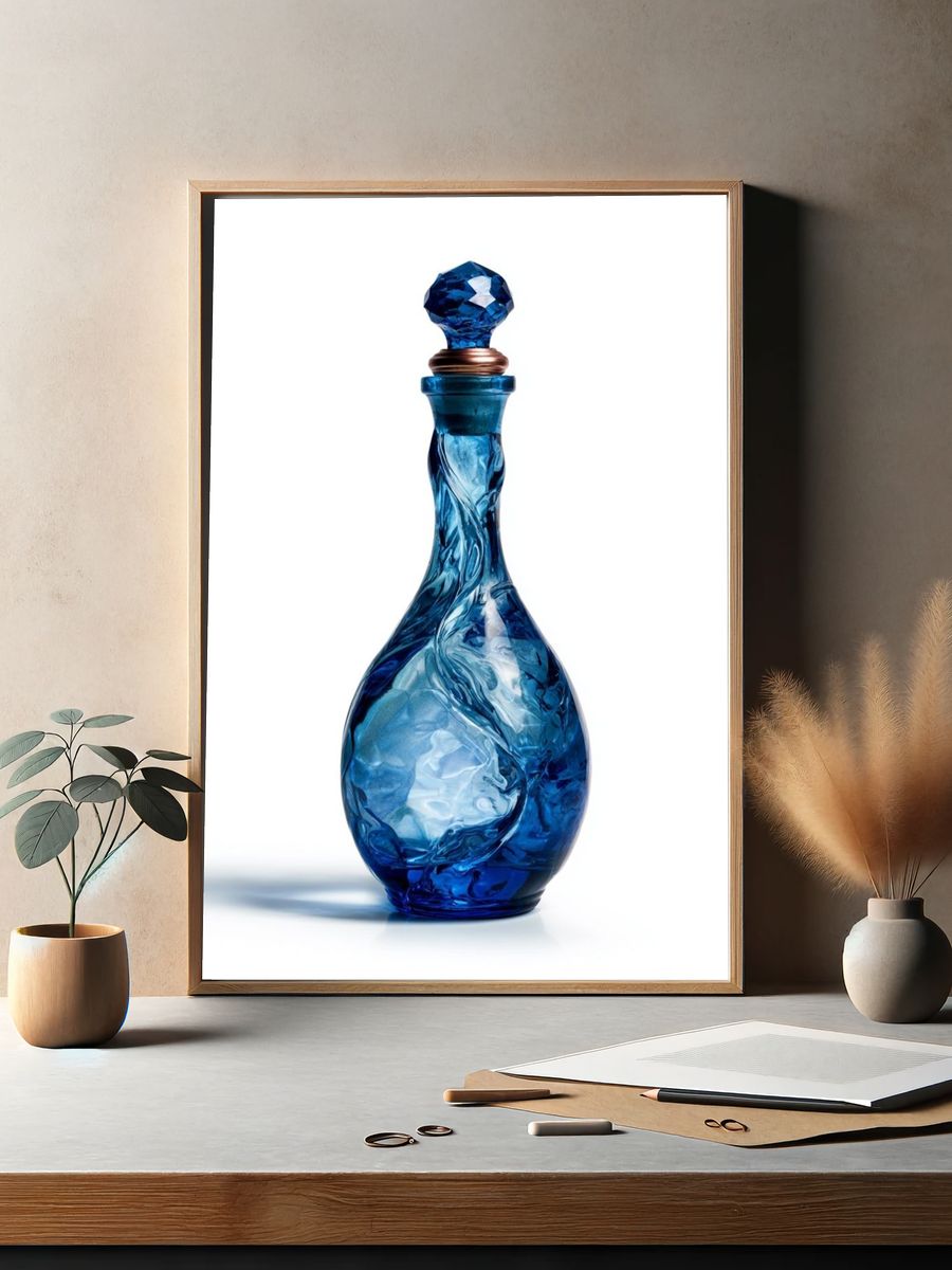 Blue Glass Bottle Still Life Poster. — room view 2