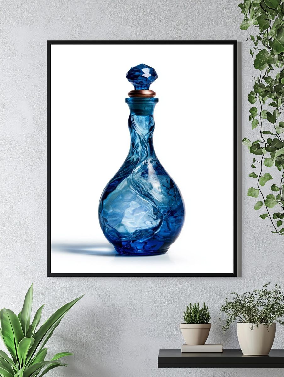Blue Glass Bottle Still Life Poster. — room view 4
