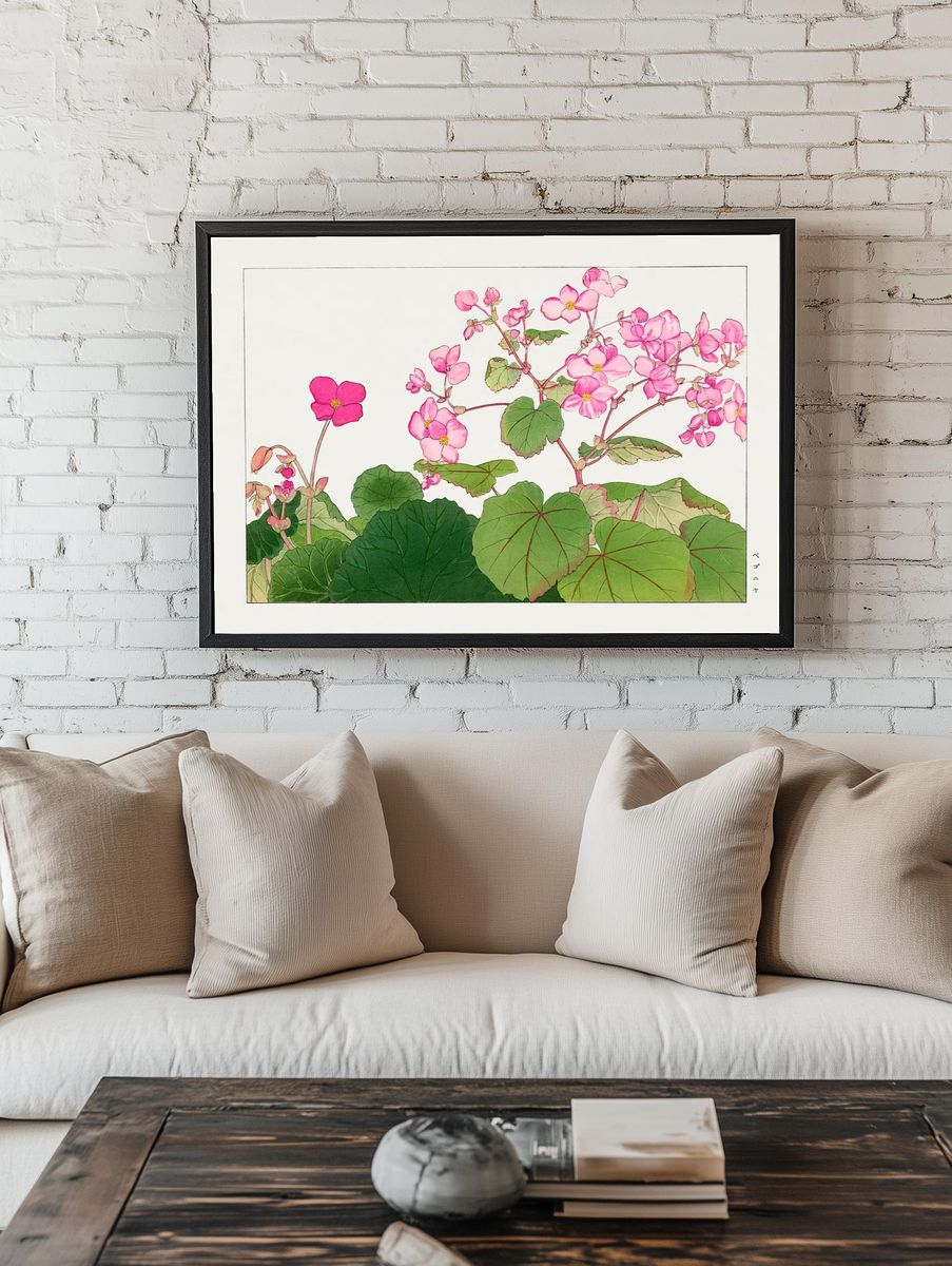 Pink Begonia Botanical Print room preview