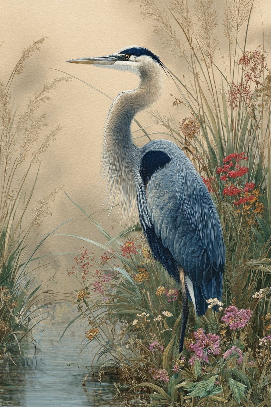 Blue Heron in Marsh Illustration Poster. poster detail