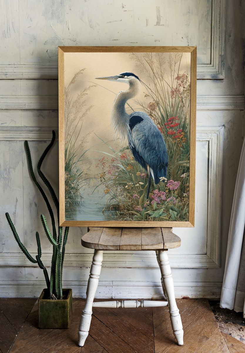 Blue Heron in Marsh Illustration Poster. — room view 1