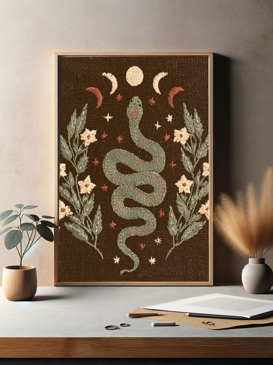 Celestial Snake Embroidery Print. — room view 2