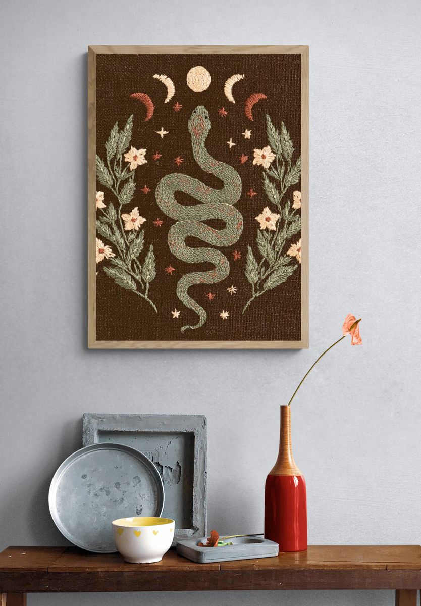 Celestial Snake Embroidery Print. — room view 3