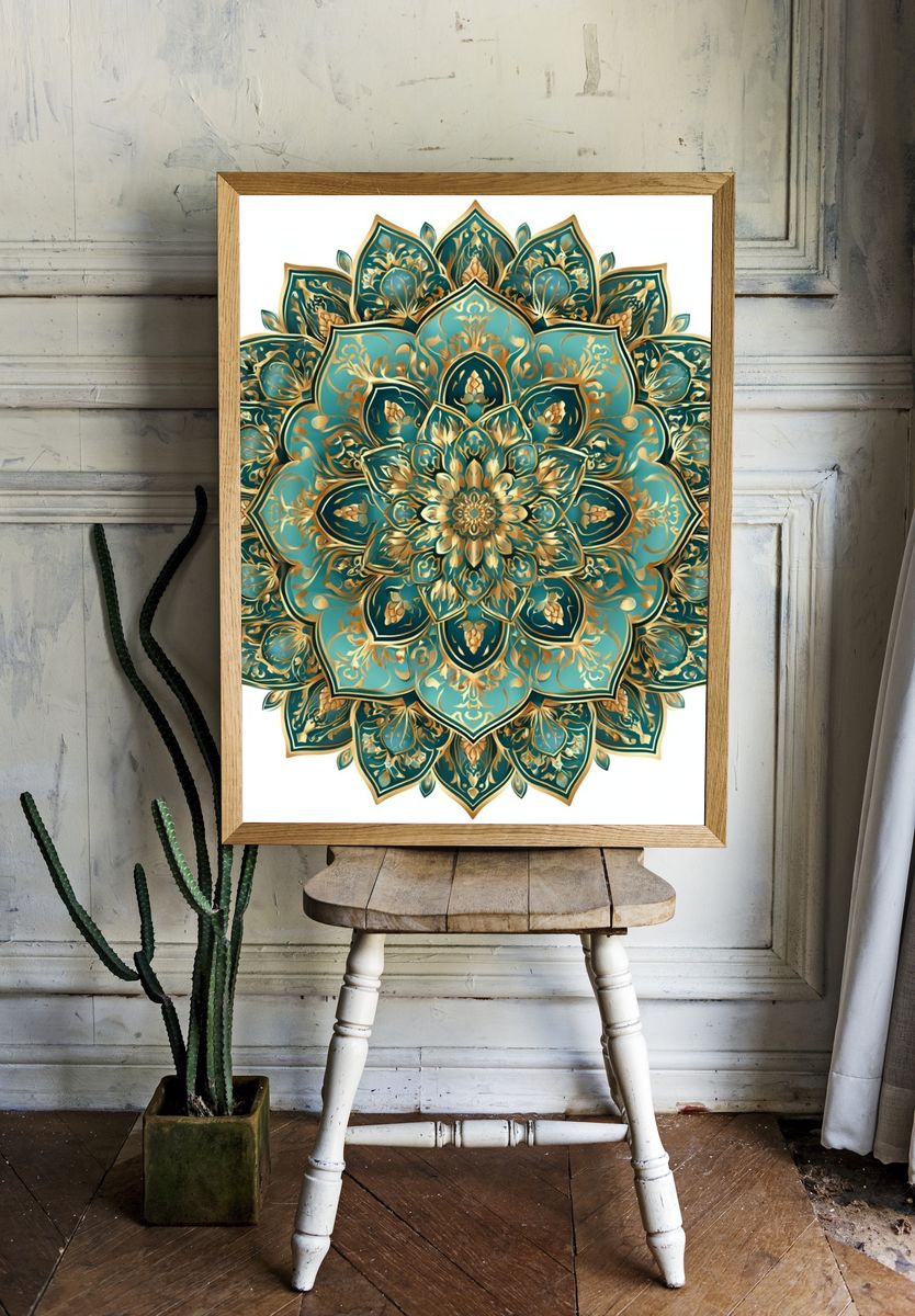Teal Mandala Floral Poster. — room view 1