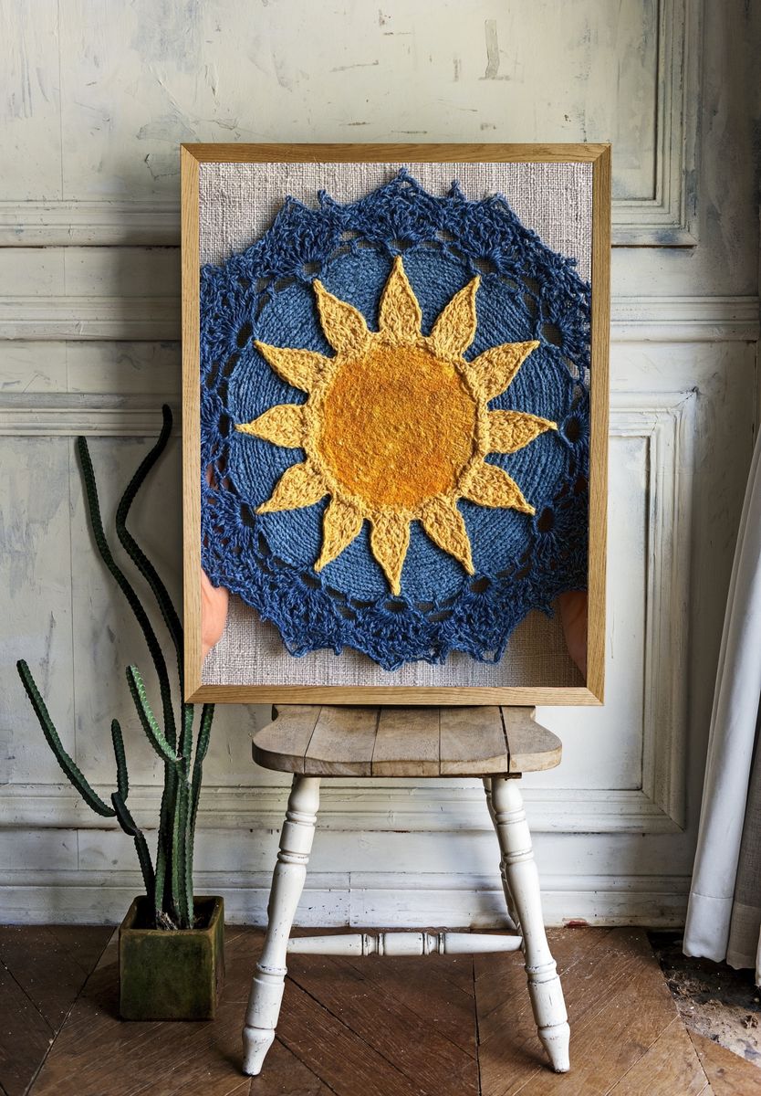 Crocheted Sun Textile Poster. room preview