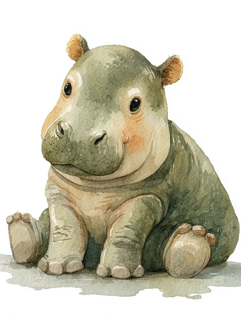 Cute Baby Hippo — Watercolor Print. poster — animals art