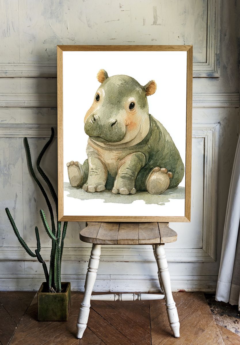 Cute Baby Hippo — Watercolor Print. room preview