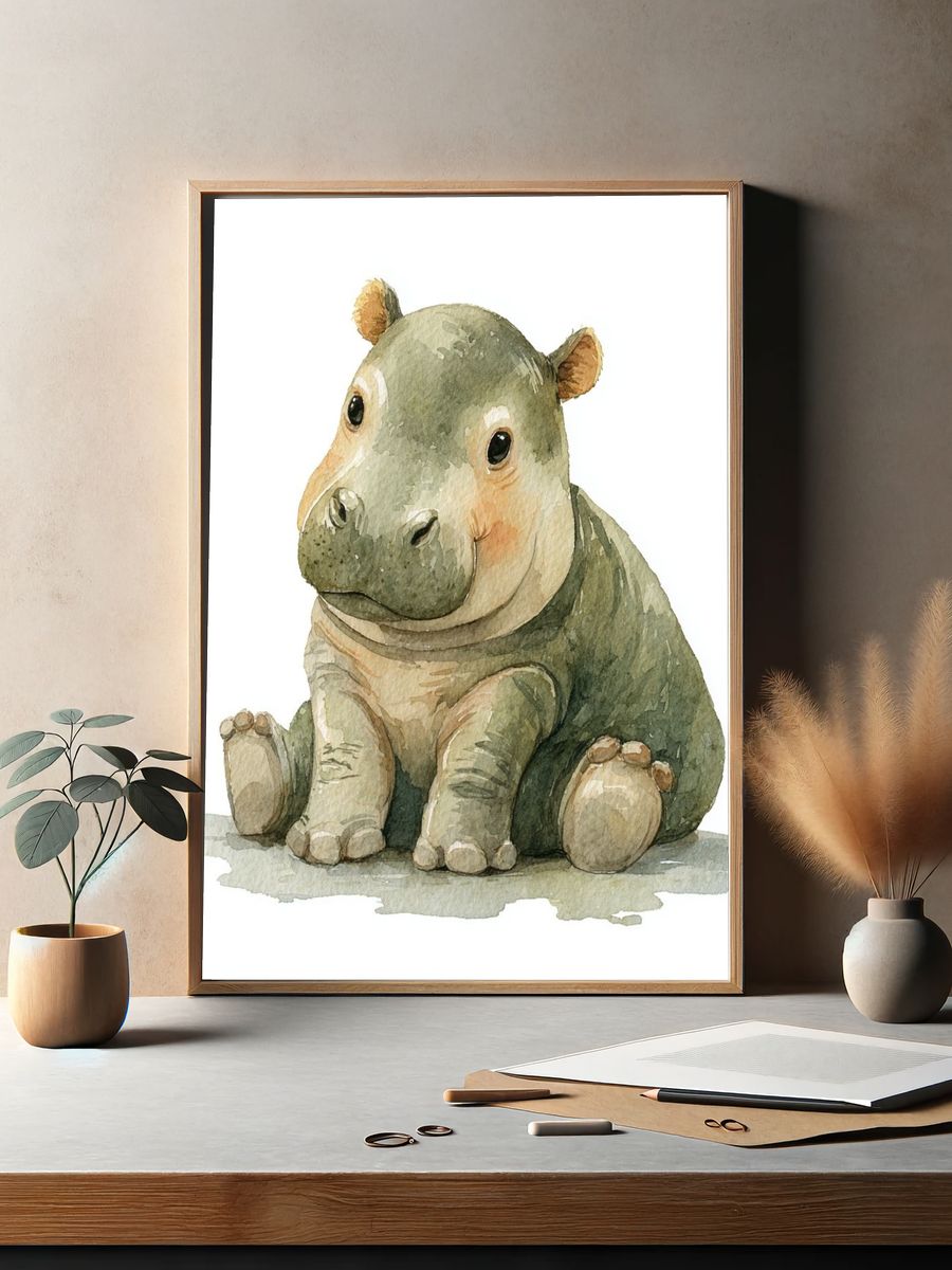 Cute Baby Hippo — Watercolor Print. — room view 2