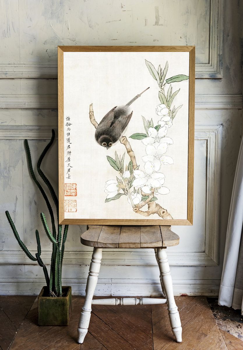 Bird on Blossom Branch — Illustration Print room preview