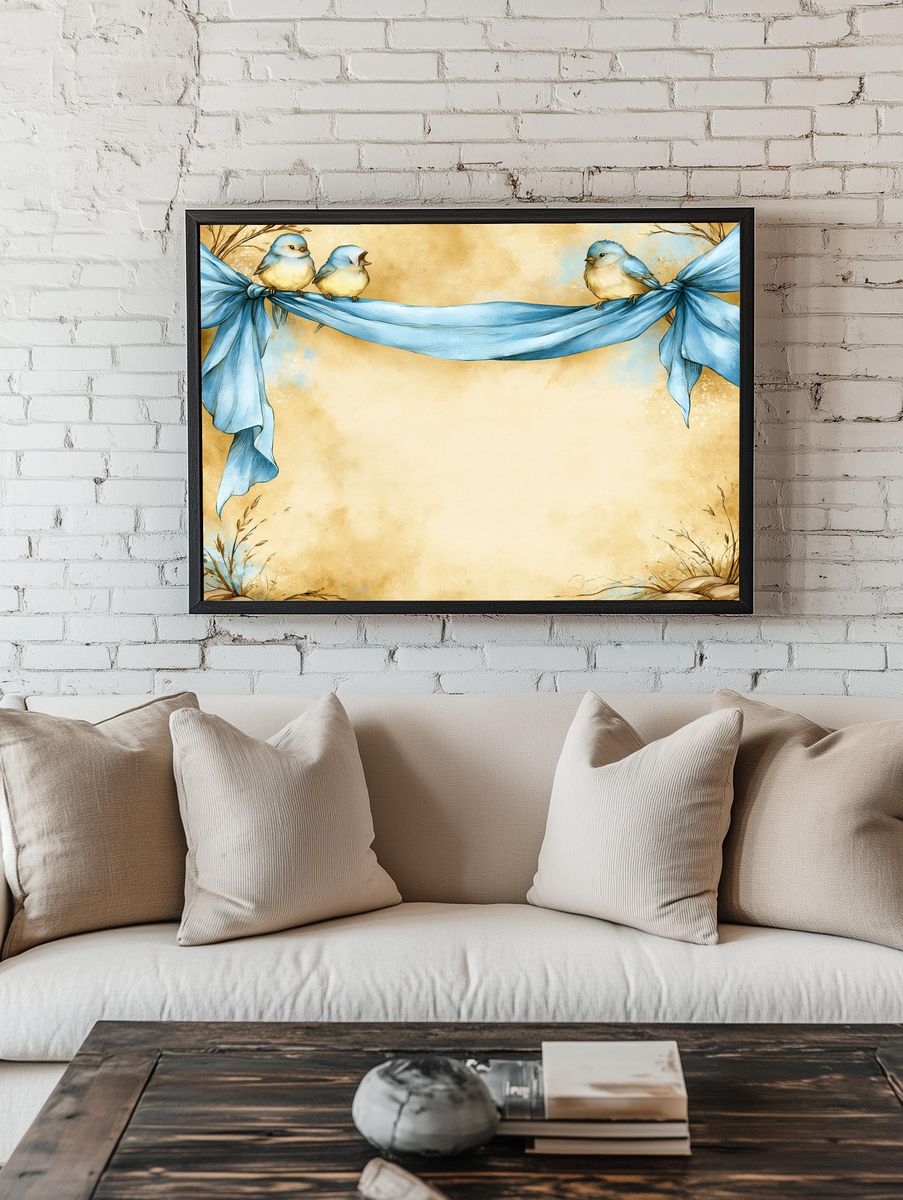 Bluebirds on Ribbon Watercolor Poster. — room view 1