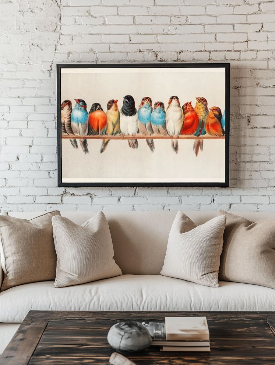 Colorful Birds on a Branch — Vintage Print room preview