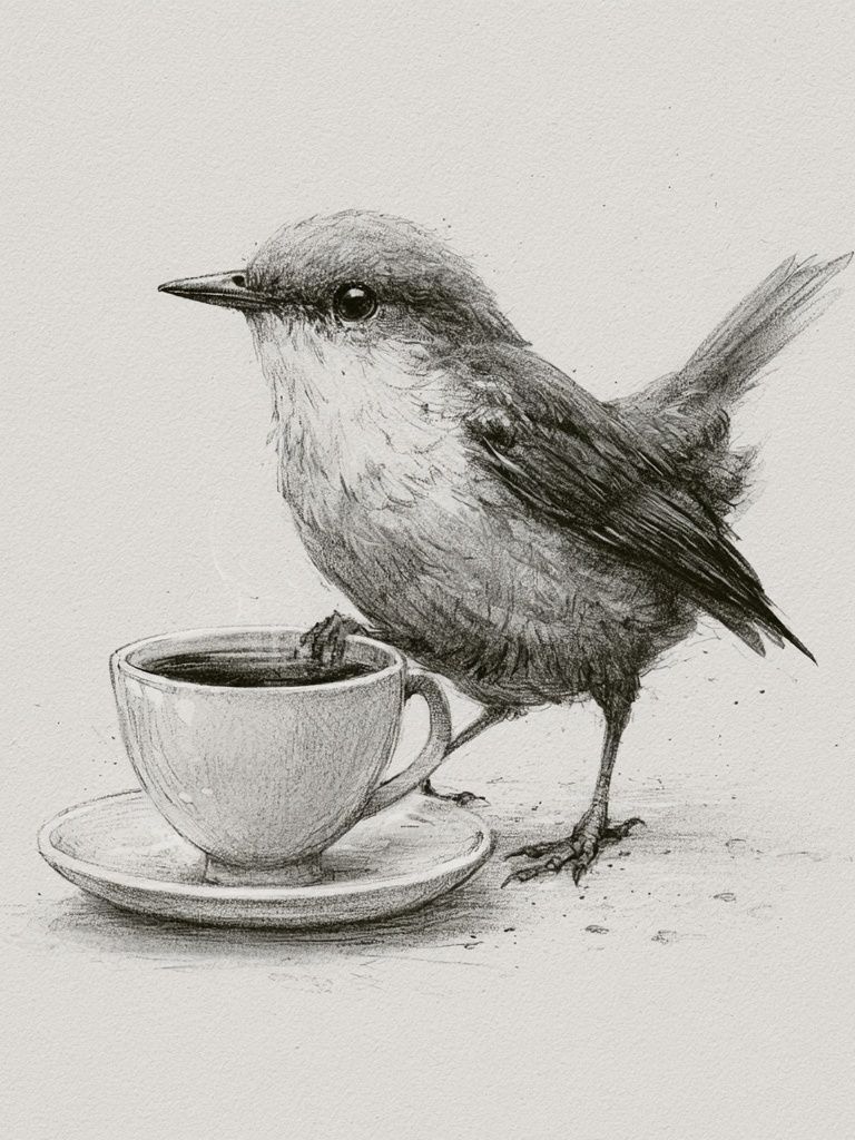 Bird and Coffee Cup Illustration Poster. poster detail