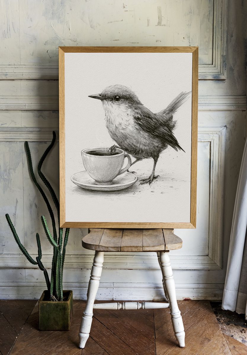 Bird and Coffee Cup Illustration Poster. — room view 1