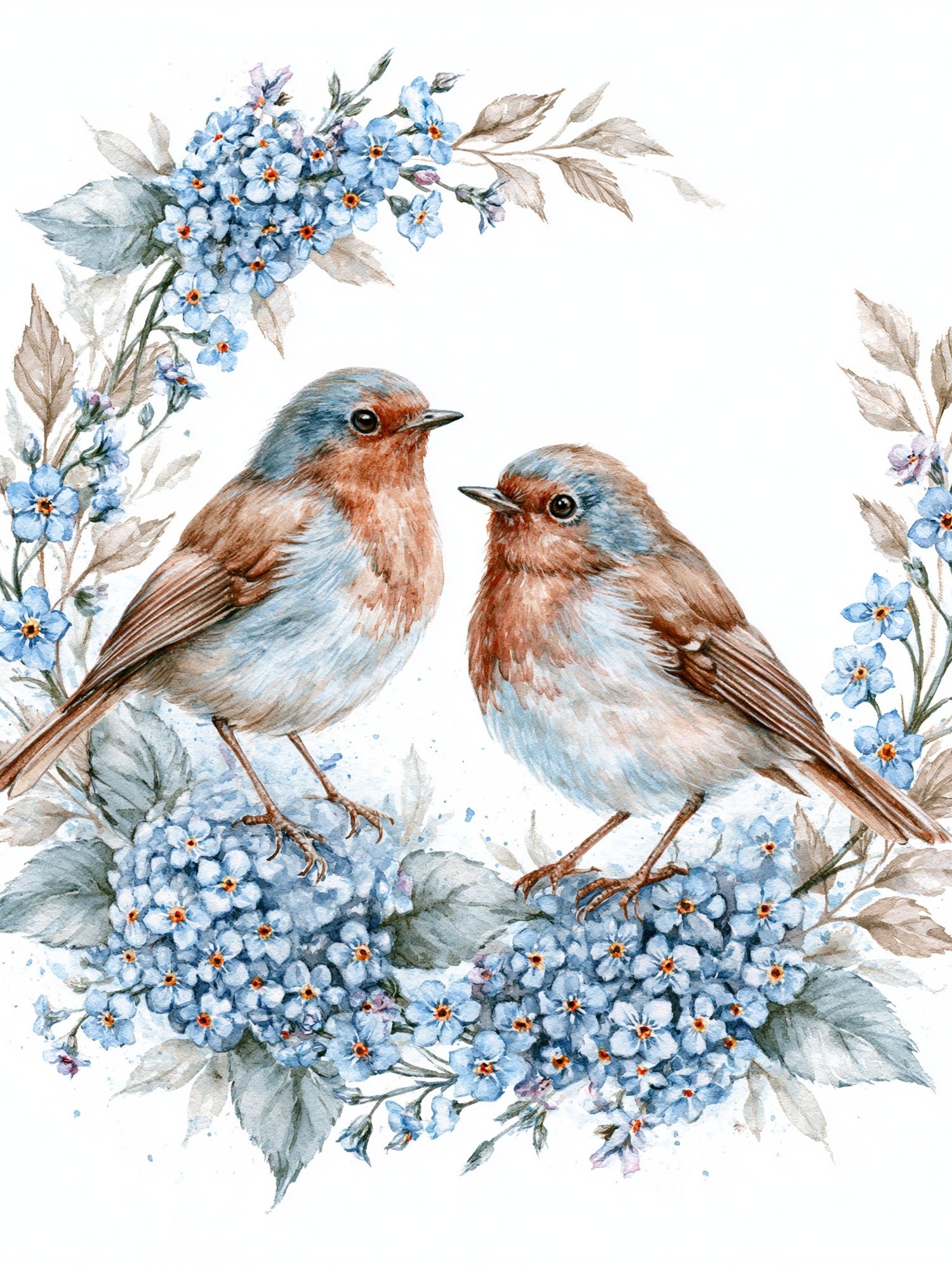 Bluebirds and Blossoms Watercolor Print. poster detail