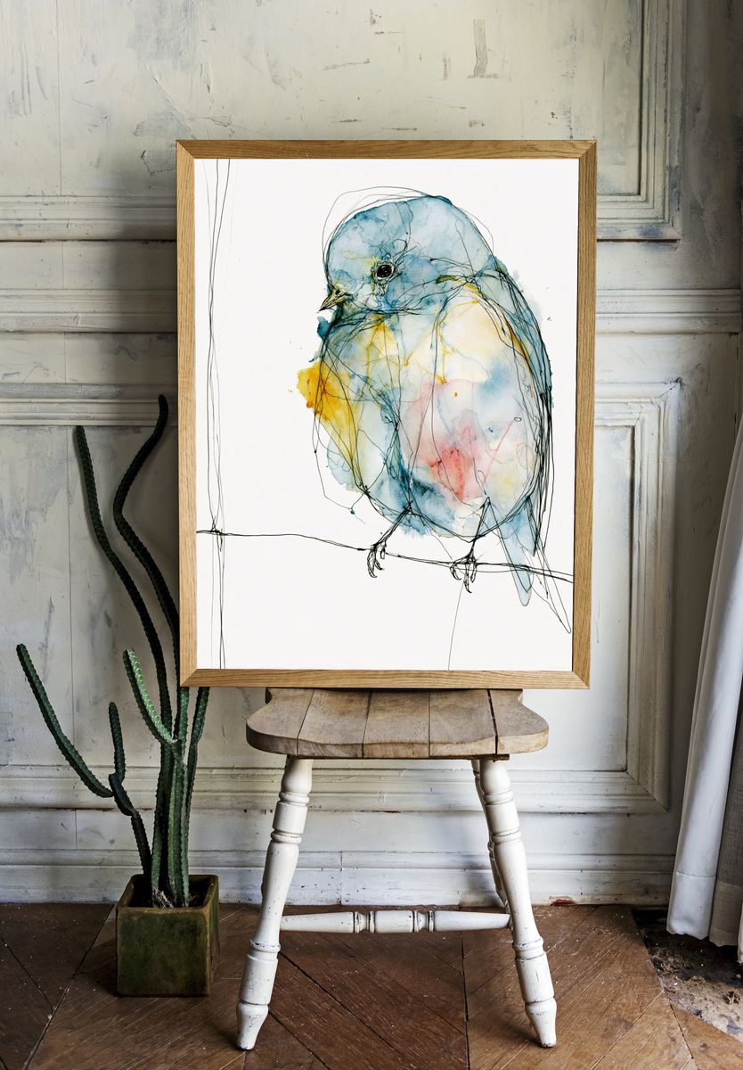 Pastel Bird Watercolor Print. — room view 1