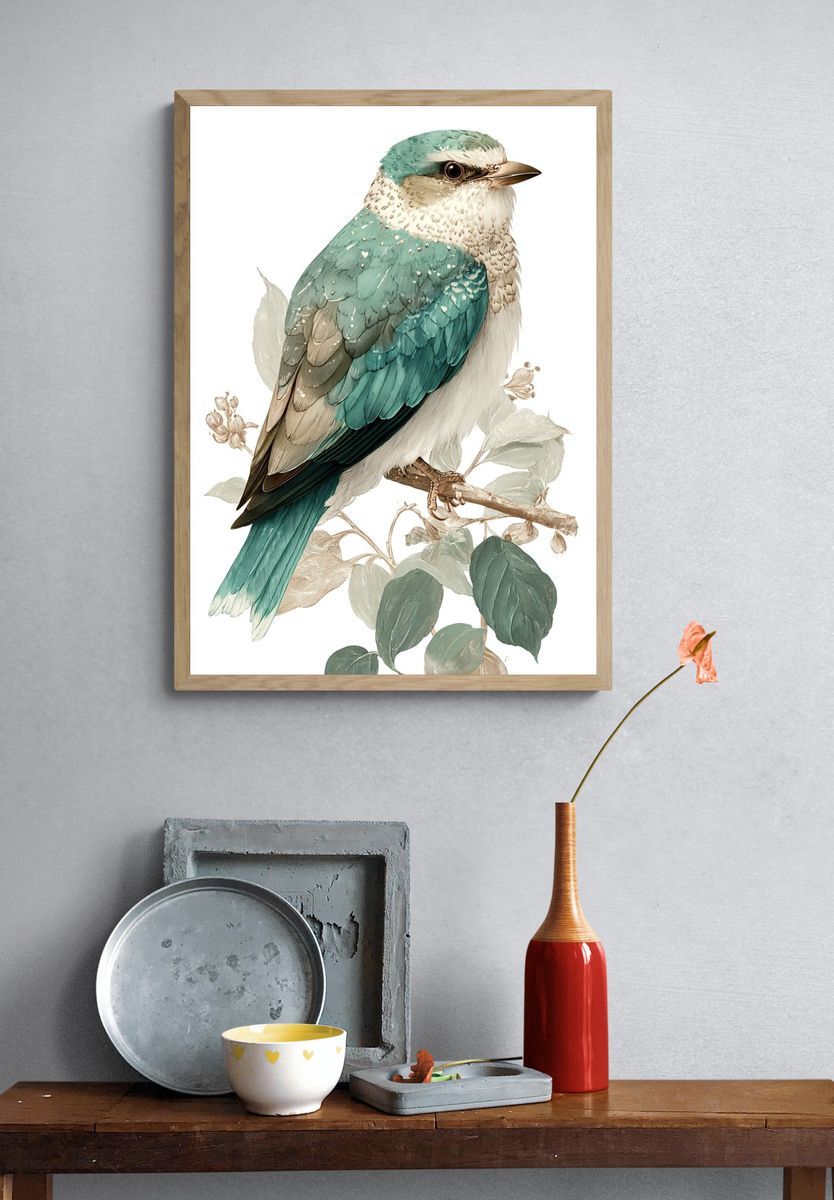 Teal Bird Illustration Poster. — room view 3