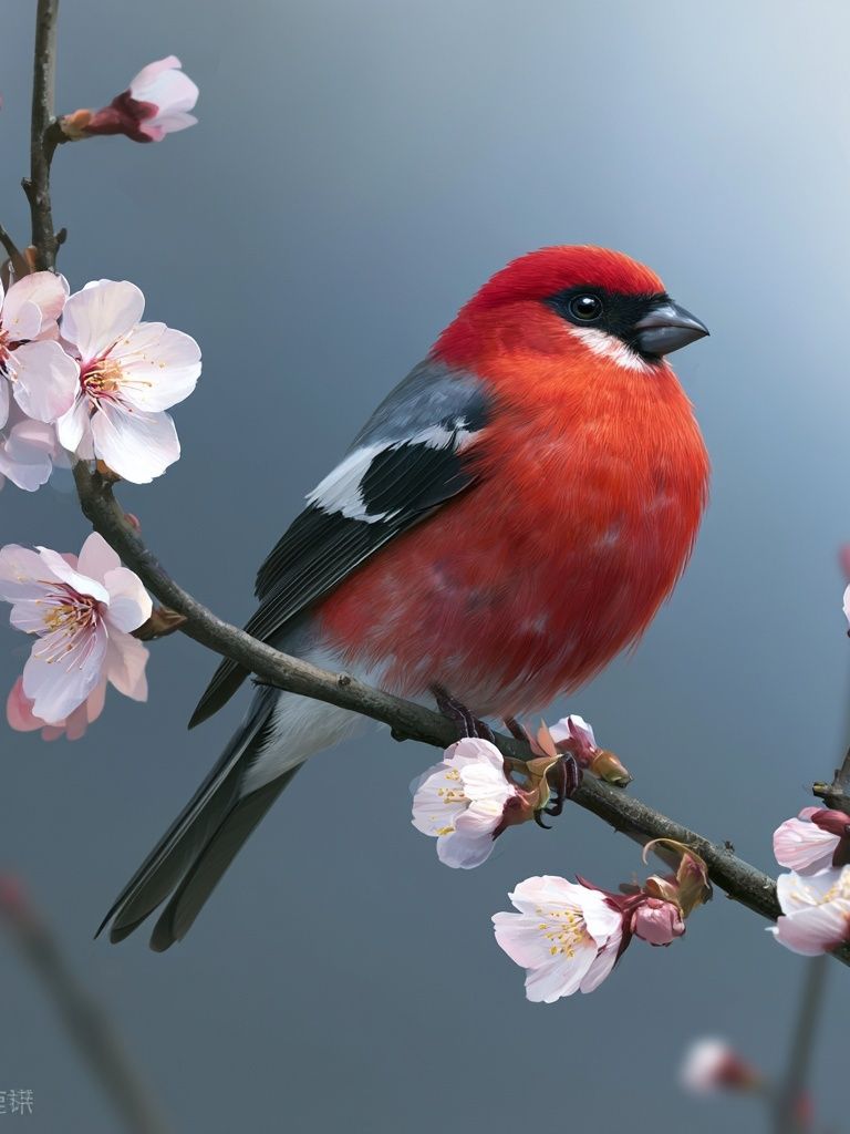 Red Bird on Blossom Branch Poster. poster detail