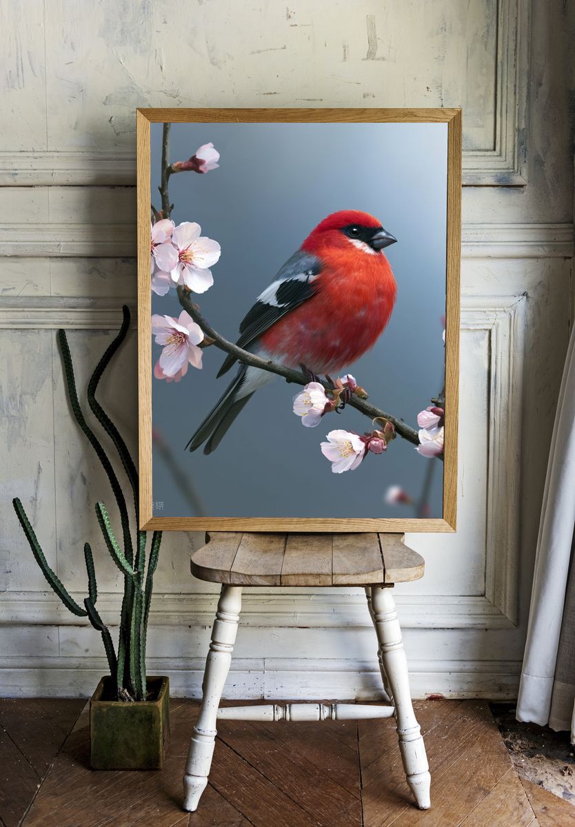 Red Bird on Blossom Branch Poster. — room view 1