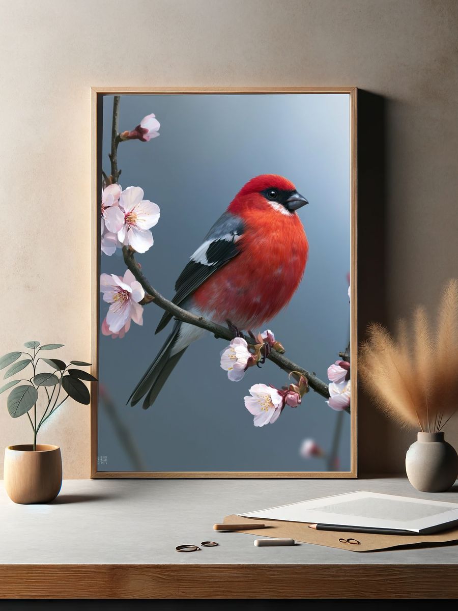 Red Bird on Blossom Branch Poster. — room view 2